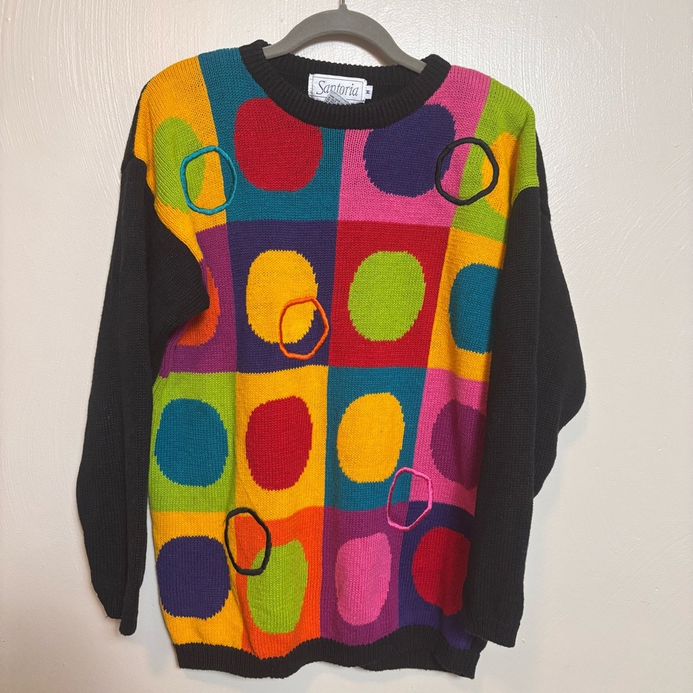 Vintage 1992 Santoria Sweater Colorblock Polka Dot‎ Shoulder Pads Black Medium